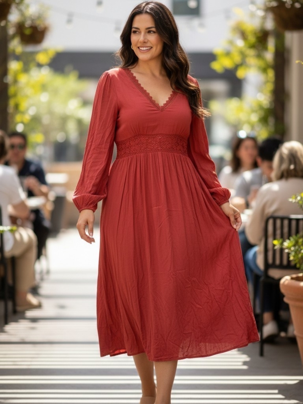 RUSTYDUSTY Beautiful Rust V-Neck Long Sleeve Midi Dress with Lace Waist